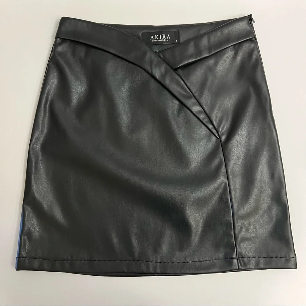 AKIRA Faux Leather Crossover Front Mini Skirt-Black - Picture 1 of 12